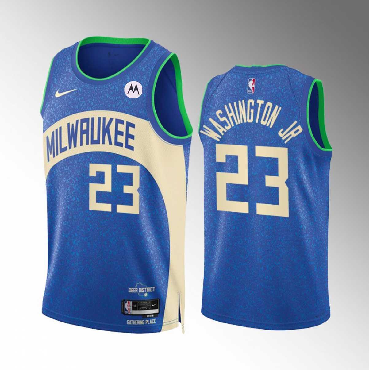 Men's Milwaukee Bucks #23 TyTy Washington Jr. Blue 2023-24 City Edition Stitched Basketball Jersey Dzhi
